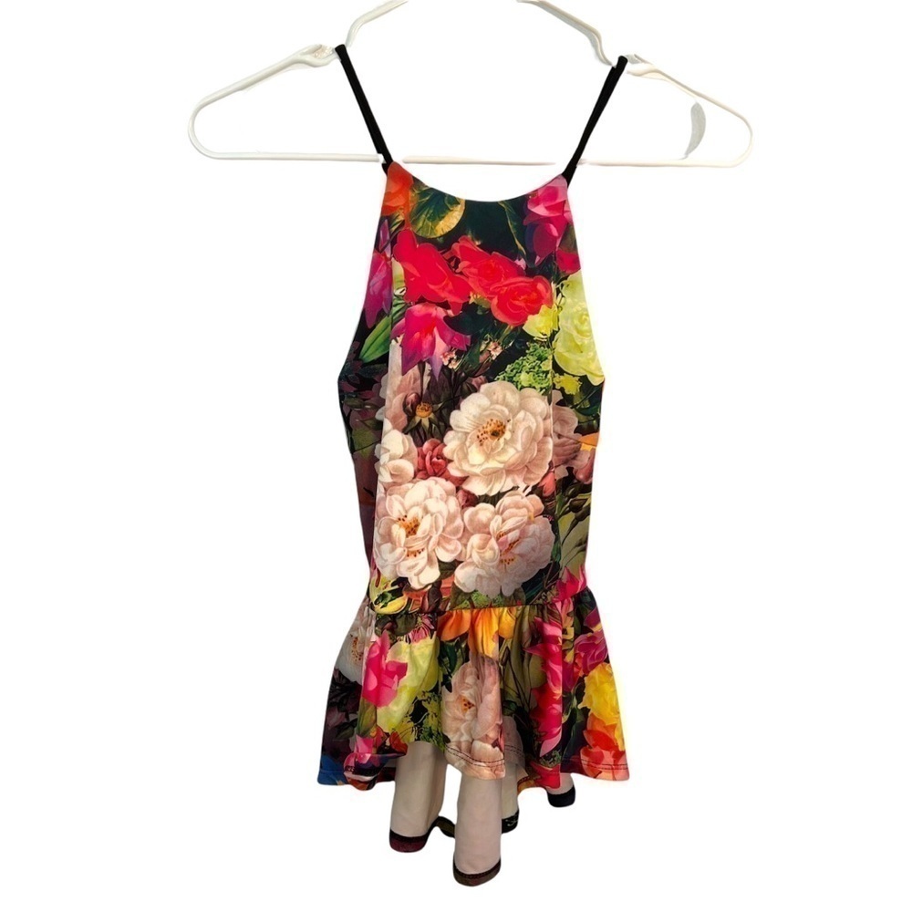 Flamingo Women's Size Small Sleeveless Cross Back Blouse Peplum High Low Floral